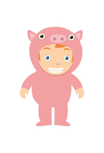 Een kind ziet er blij uit en draagt ​​een varkenskostuum