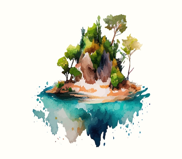Een klein eiland met een berg en palmbomen op een witte achtergrond in een tropische aquarelstijl