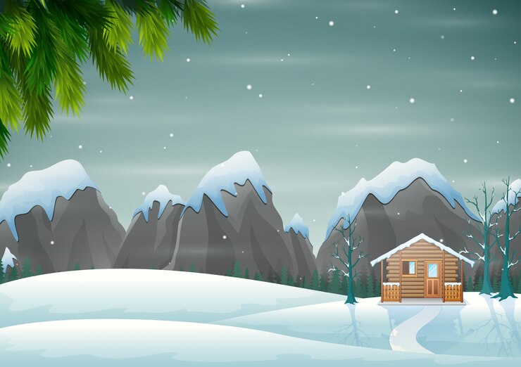 Vector een klein houten huis op de besneeuwde heuvel