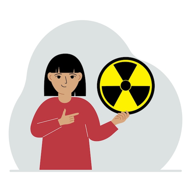 Een klein meisje houdt een bord vast met een waarschuwing over nucleair gevaar Het concept van biohazard voor nucleaire oorlogsstraling