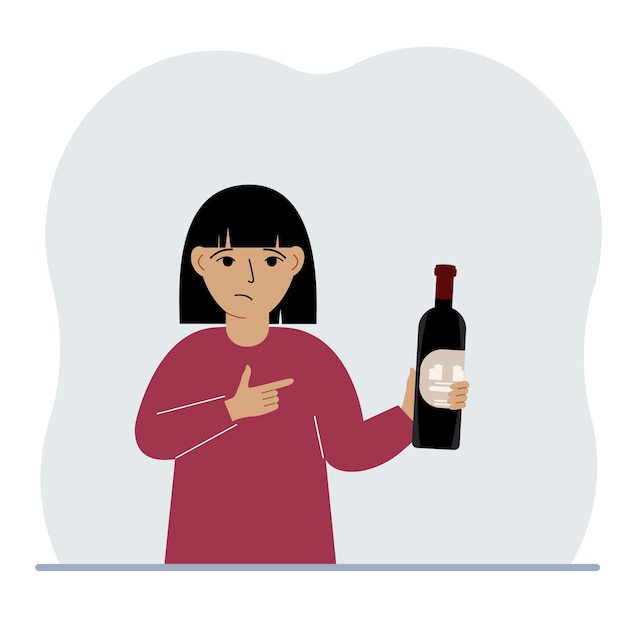 Vector een klein meisje houdt een fles wijn in haar hand het concept van alcoholmisbruik alcoholverslaving door minderjarigen