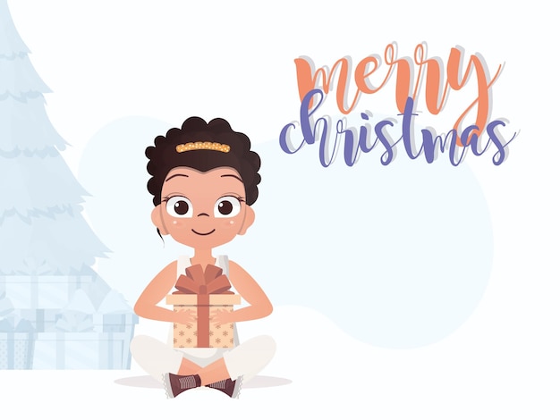 Een klein meisje houdt een geschenkdoos in haar handen Merry christmas banner Cartoon-stijl