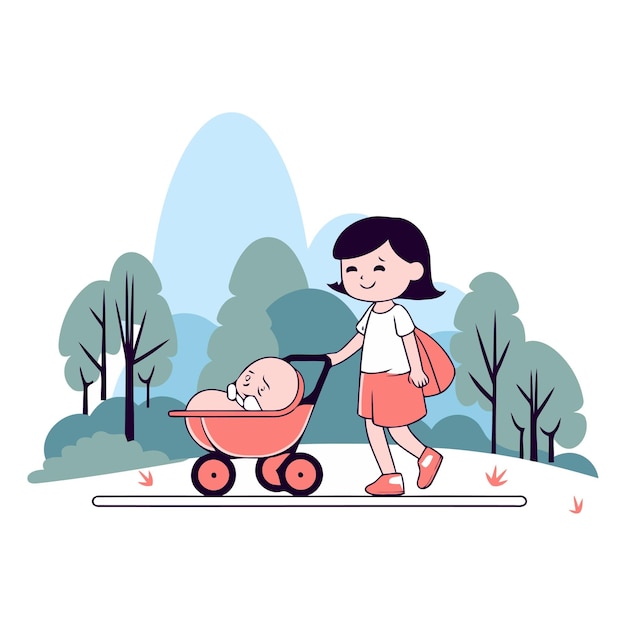 Vector een klein meisje loopt met een kinderwagen in het park.