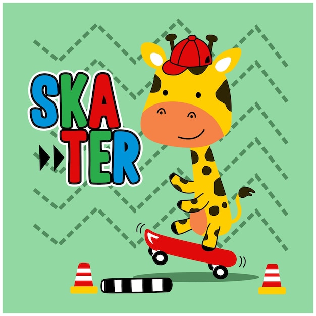 Een kleine giraf die skateboard speelt grappige cartoon