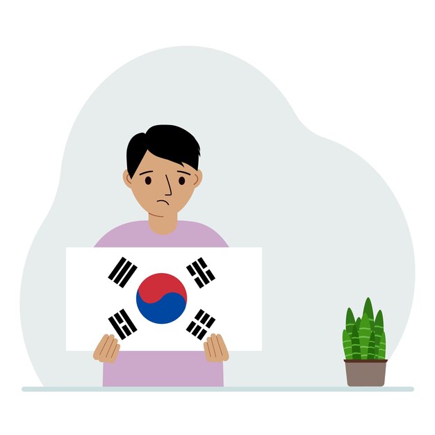 Vector een kleine jongen houdt de vlag van zuid-korea vast. het concept van demonstratie, nationale feestdag, onafhankelijkheidsdag of patriottisme nationaliteit