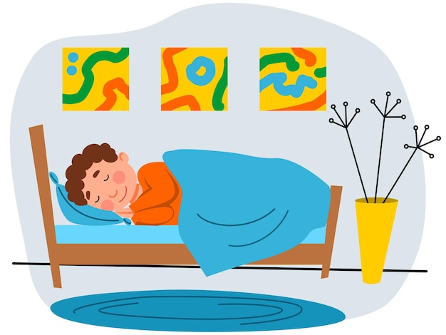 Vector een kleine jongen slaapt in zijn bed. een kind in pyjama. vectorillustratie in een vlakke stijl.