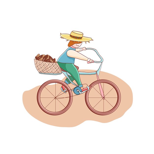 Een kleine man met een hoed rijdt op een fiets en draagt koffiebonen in de kofferbak vectorillustratie