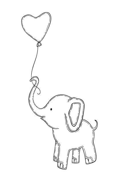 Vector een kleine olifant in volle groei in profiel houdt een hartvormige ballon vast met een slurf aan een touwtje doodle lineaire cartoon