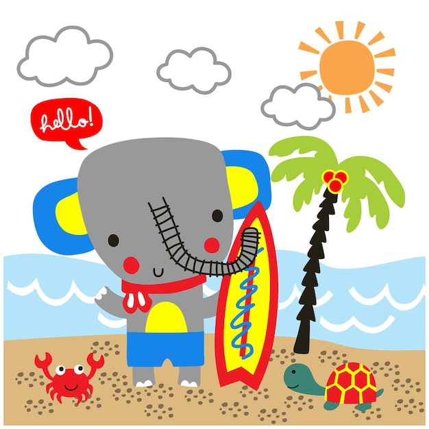 Vector een kleine olifant is leuk op het strand grappige cartoon