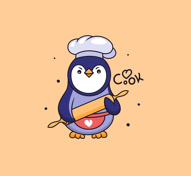 Een kleine pinguïn in een pet en een schort houdt een schommelstoel vast voor deeg. illustratie met letters - Love Cooking