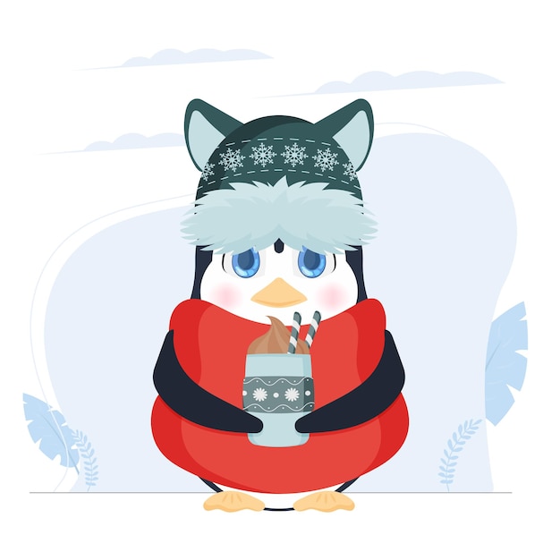 Een kleine schattige pinguïn in een wintermuts en een sjaal houdt een warme drank in zijn handen. Gebreide muts, rode sjaal, hot, winterdrank, koffie of latte. Klaar ansichtkaart. Vector illustratie.