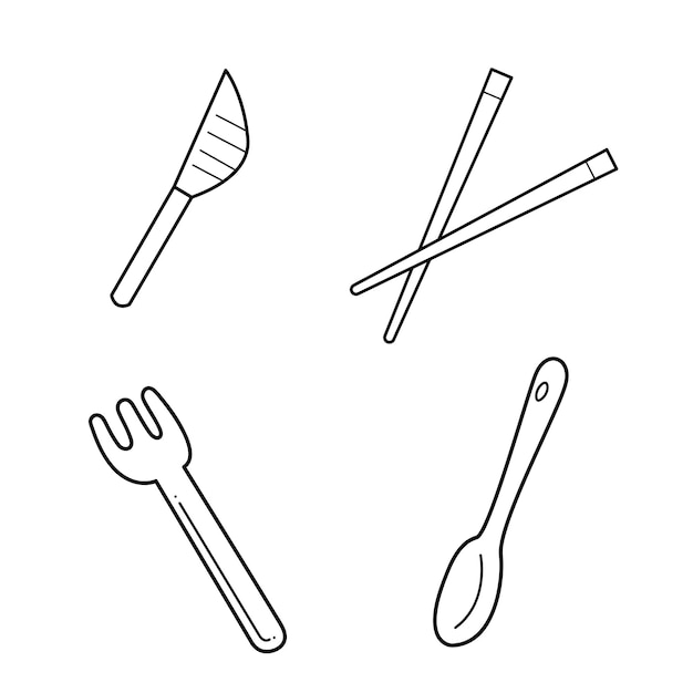 Een kleine set van 4 verschillende plastic bestek Doodle zwart-wit vectorillustratie