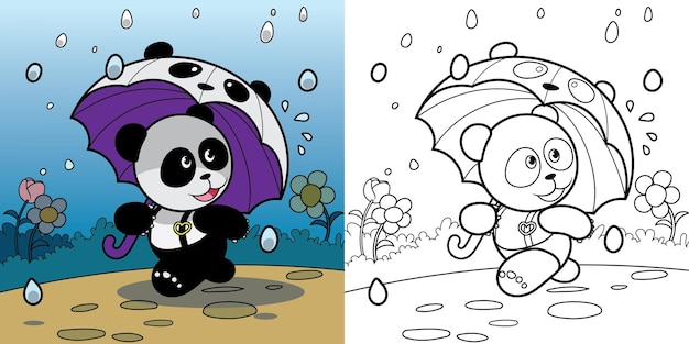 een kleurboek voor kinderen, panda met een paraplu in het midden van regendruppels