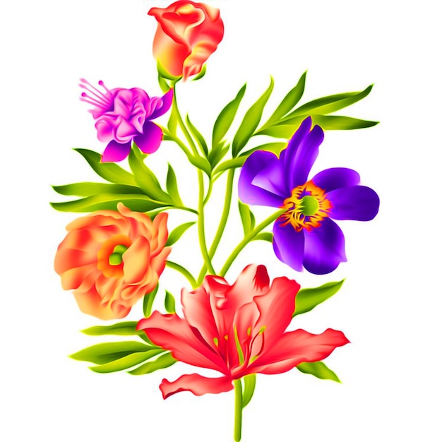 Vector een kleurrijk boeket bloemen met een groene steel en een paarse bloem op de bodem.