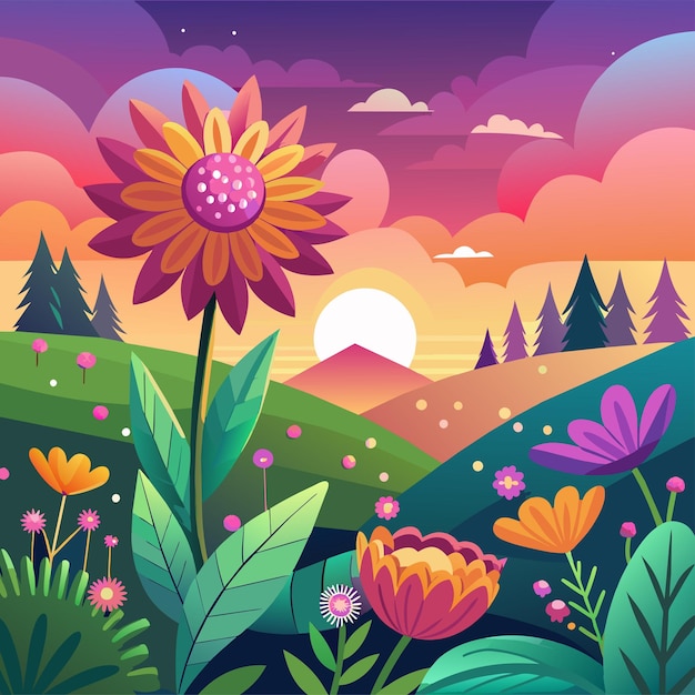 een kleurrijk landschap met bloemen en een zon op de achtergrond