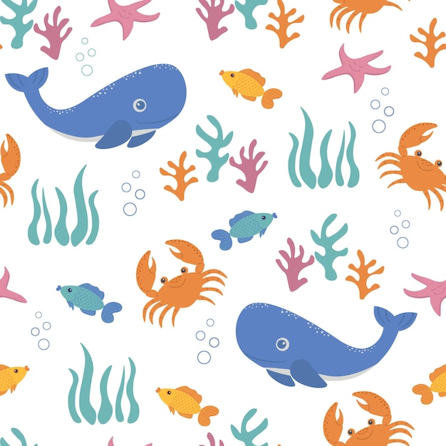 Een kleurrijk patroon met een walvis en vis.