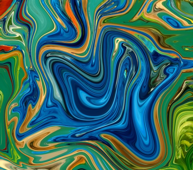 Een kleurrijk schilderij met een blauw en groen wervelpatroon.