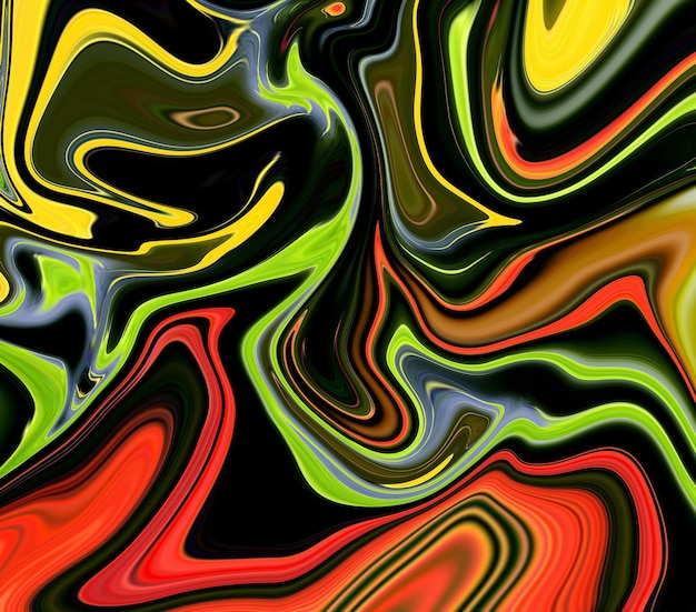 Een kleurrijk schilderij met een zwarte achtergrond en rode, gele, groene en blauwe wervelingen.