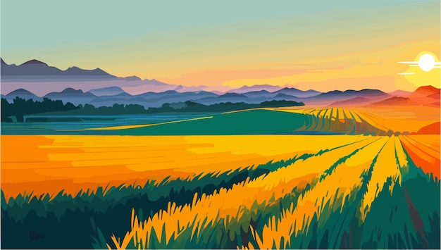 Een kleurrijk schilderij van een veld met een berg op de achtergrond.