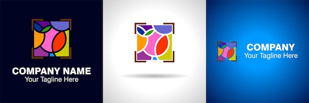 Vector een kleurrijk vierkant met een bladmotief in het midden en een framelogo