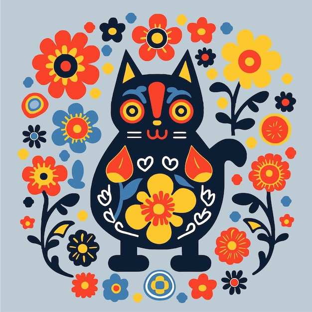 Een kleurrijk volks naïef abstract bloemenontwerp met een kat