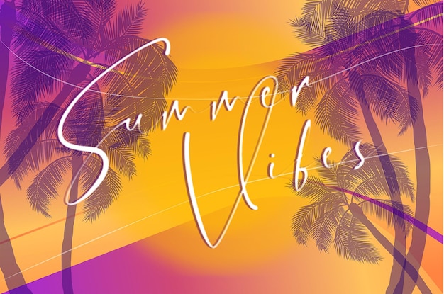 Vector een kleurrijke achtergrond met palmbomen en de woorden summer vibes.