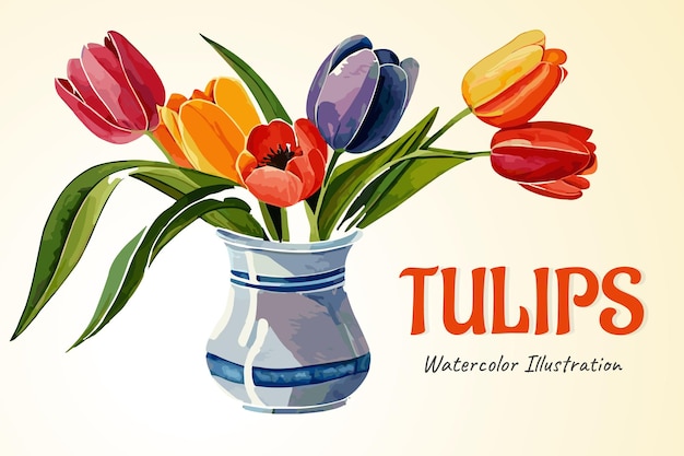 Een kleurrijke afbeelding van tulpen in een vaas waar tulpen op staat.