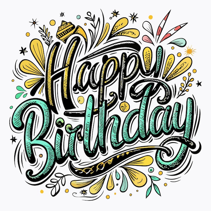 Vector een kleurrijke en feestelijke illustratie van "happy birthday" omringd door decoratieve elementen