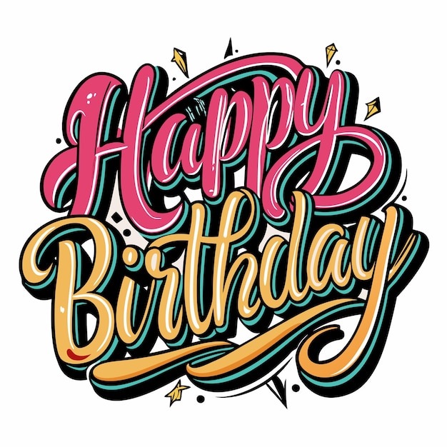 Een kleurrijke en gestileerde Happy Birthday-groet met een zwarte achtergrond en heldere kleuren