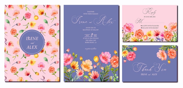 Een kleurrijke huwelijksuitnodiging met roze bloemen en een roze achtergrond.