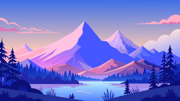 Vector een kleurrijke illustratie van bergen met bomen en bergen op de achtergrond