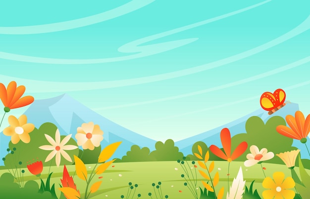 een kleurrijke illustratie van een landschap met een berg op de achtergrond