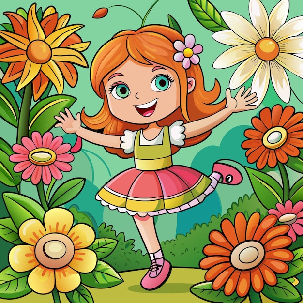 Vector een kleurrijke illustratie van een meisje met bloemen en een vlinder