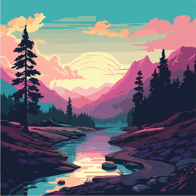 Een kleurrijke illustratie van een rivier met bergen op de achtergrond.