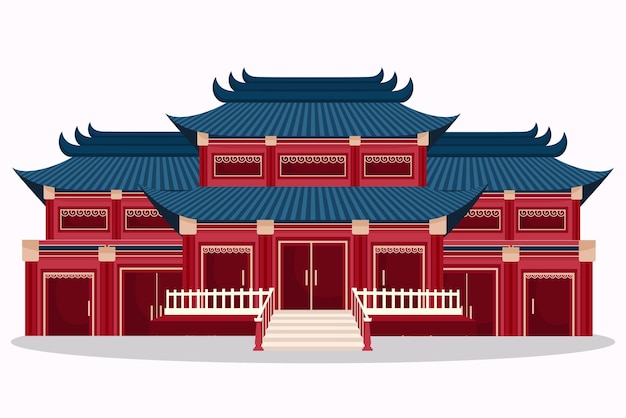Een kleurrijke illustratie van een traditionele Chinese tempel met een rode gevel en een blauw tegeldak