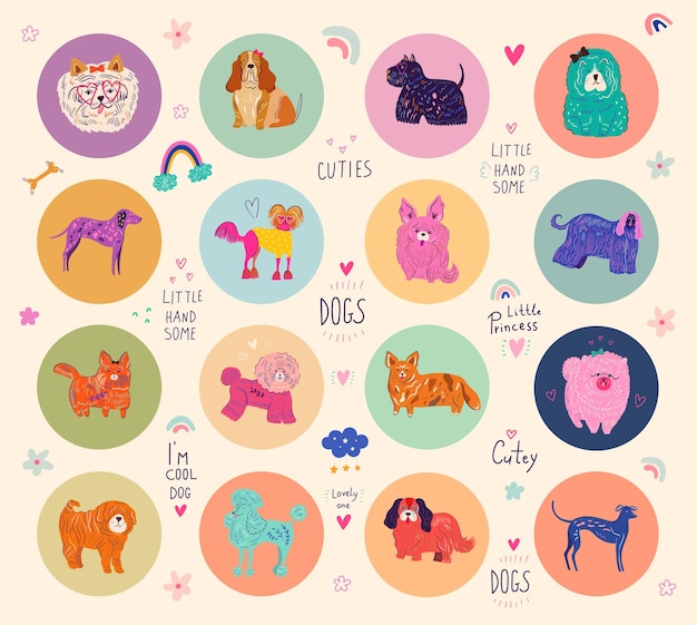 Vector een kleurrijke illustratie van honden en de woorden schat, ik ben hond