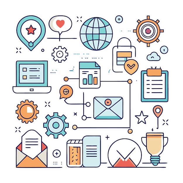 Een kleurrijke lijnkunstillustratie met verschillende iconen en zakelijke concepten zoals een laptop een envelop en een aardbol allemaal verbonden door lijnen die een netwerk vertegenwoordigen een idee en een strategie