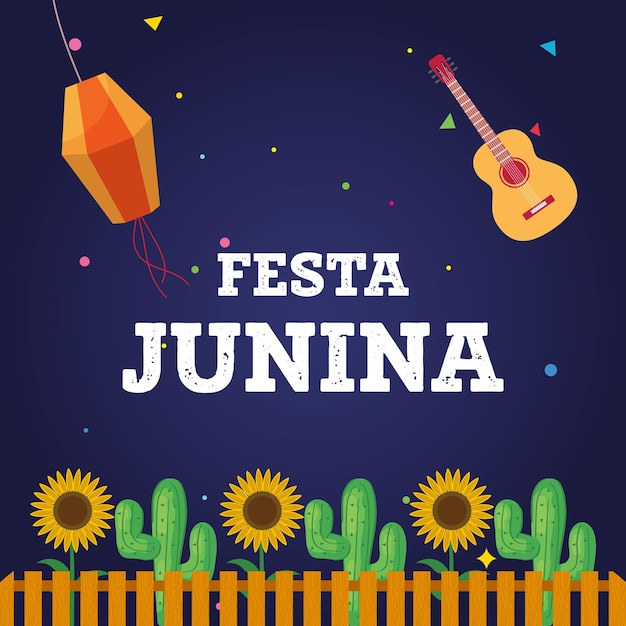 Vector een kleurrijke poster voor festa jujua met een gitaar erop.