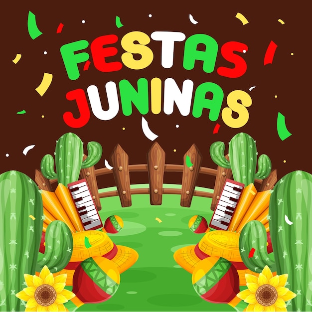 Een kleurrijke poster voor fetas juninas met een houten hek en een bord met de tekst fetas jusa