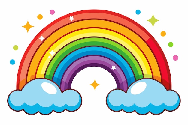 Een kleurrijke regenboog boven pluizige witte wolken met sterren