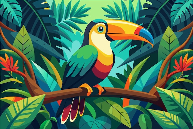 Een kleurrijke toekaan die op een tak in het Amazonasregenwoud rust