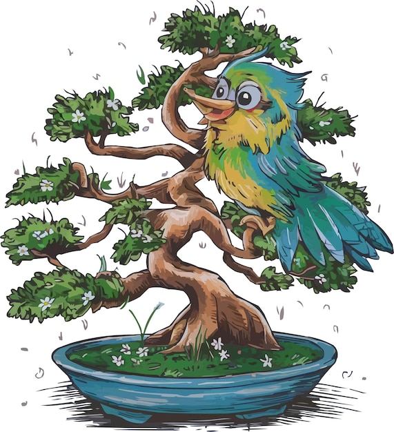 Vector een kleurrijke vogel die op een bonsai boom zit, genereerde ai