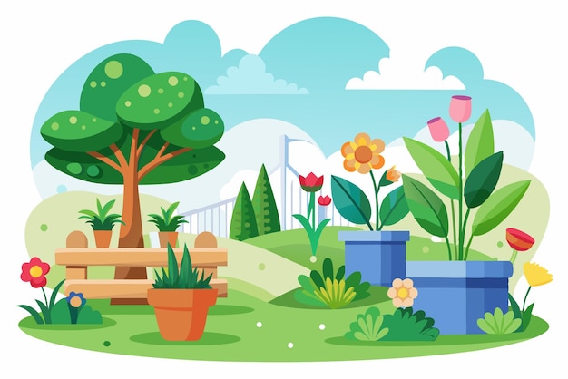 Een kleurrijke voorjaarstuin met bloemen, bomen en een bank