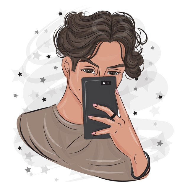 Vector een knappe man die selfies maakt op een smartphone.