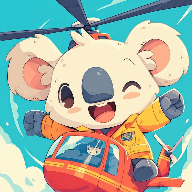 Een koala in een helikopter cartoon stijl