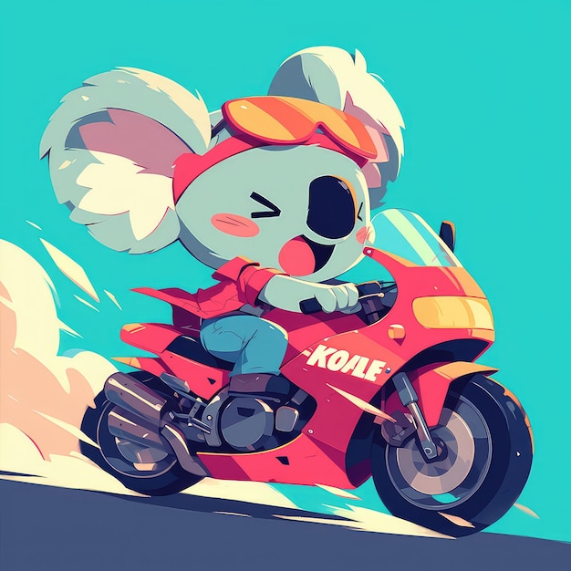 Een koala rijdt op een motorfiets in cartoon stijl