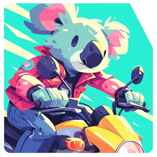 Een koala rijdt op een motorfiets in cartoon stijl