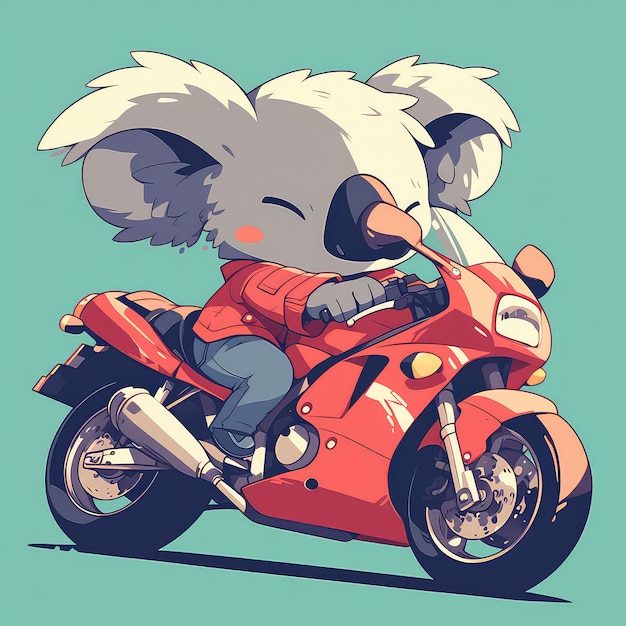 Een koala rijdt op een motorfiets in cartoon stijl