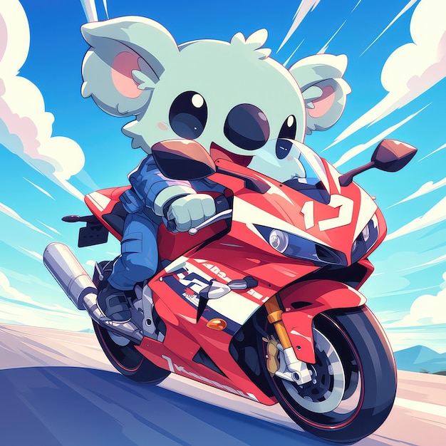 Een koala rijdt op een motorfiets in cartoon stijl