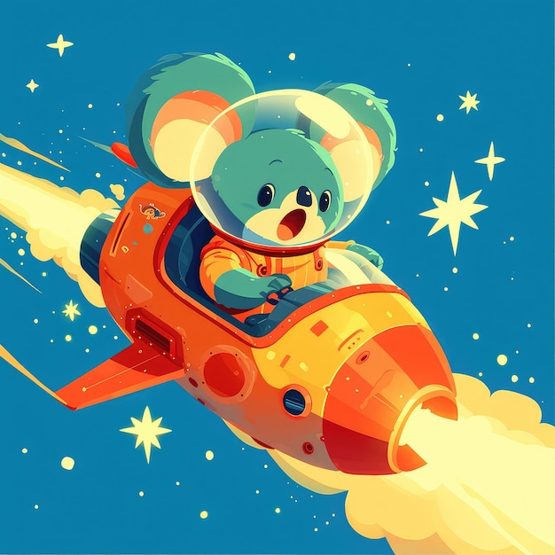 Een koala rijdt op een ruimteschip in cartoon stijl